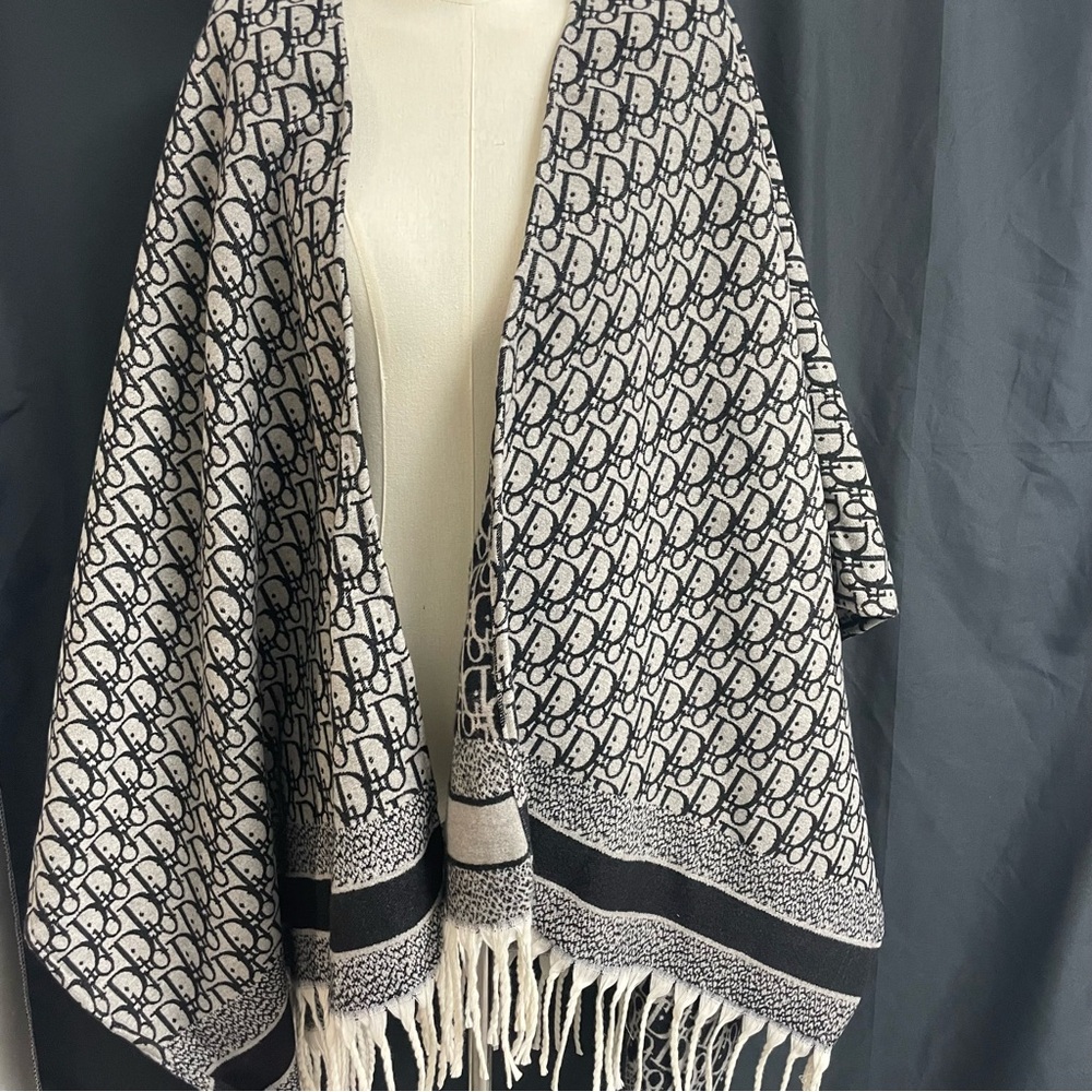 Dior Black and White Patterned Shawl with Fringe